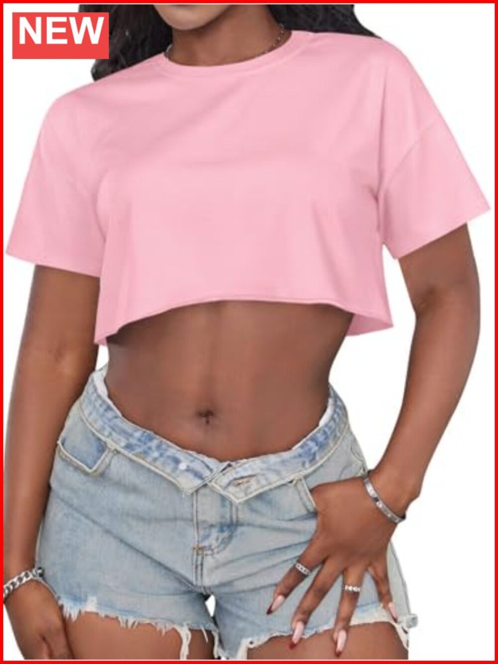 Women's Oversized Crop Top Short Sleeve Crew Neck Cropped Tee Loose Fit